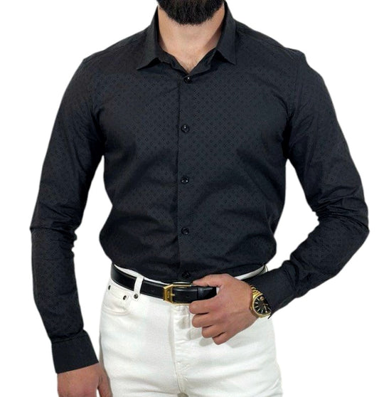 Zwart Slim Fit Katoenen Overhemd met Subtiel Gaatjespatroon – Stijlvol & Ademend