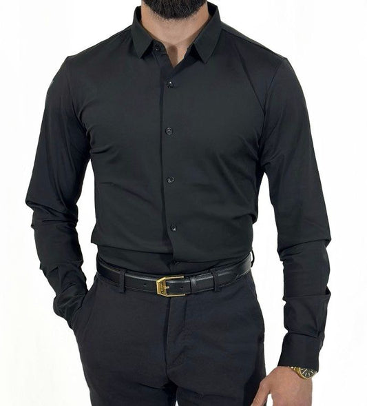 Zwart Slim Fit Overhemd met Lange Mouwen – Rekbaar voor Optimaal Comfort
