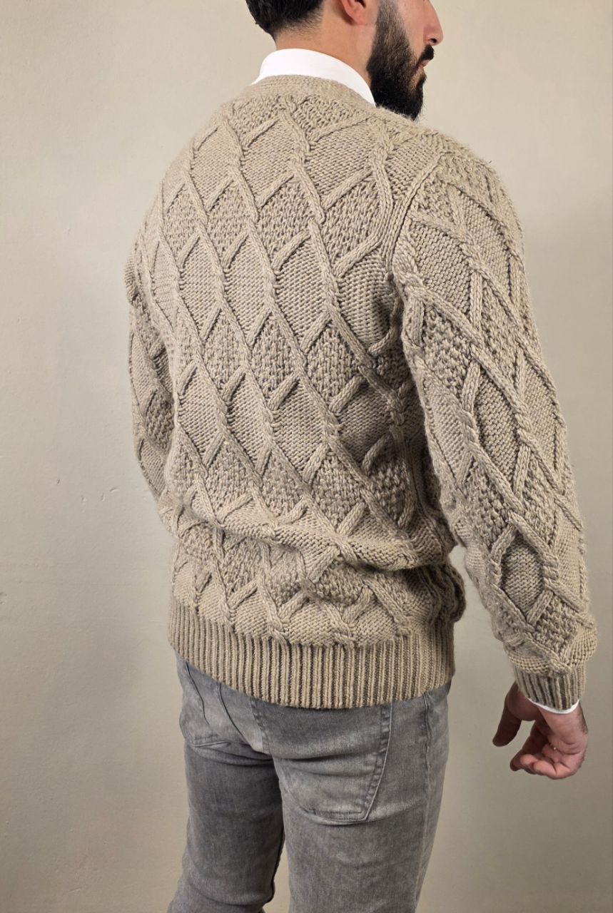 V-Neck Cardigan Diamantmotief van Wolblend – Heren Premium Knitwear