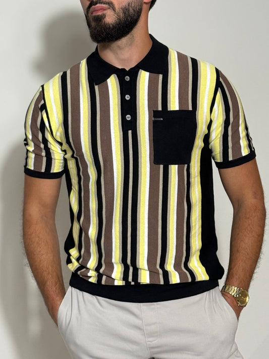 Slim Fit Gestreepte Polo Heren – Stijlvolle Design met Gele, Zwarte en Bruine Strepen