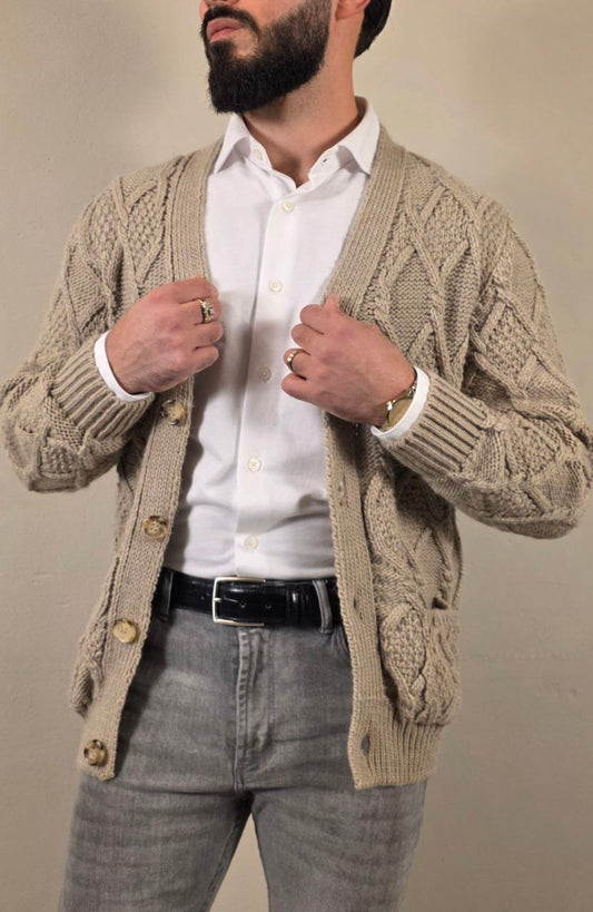 V-Neck Cardigan Diamantmotief van Wolblend – Heren Premium Knitwear